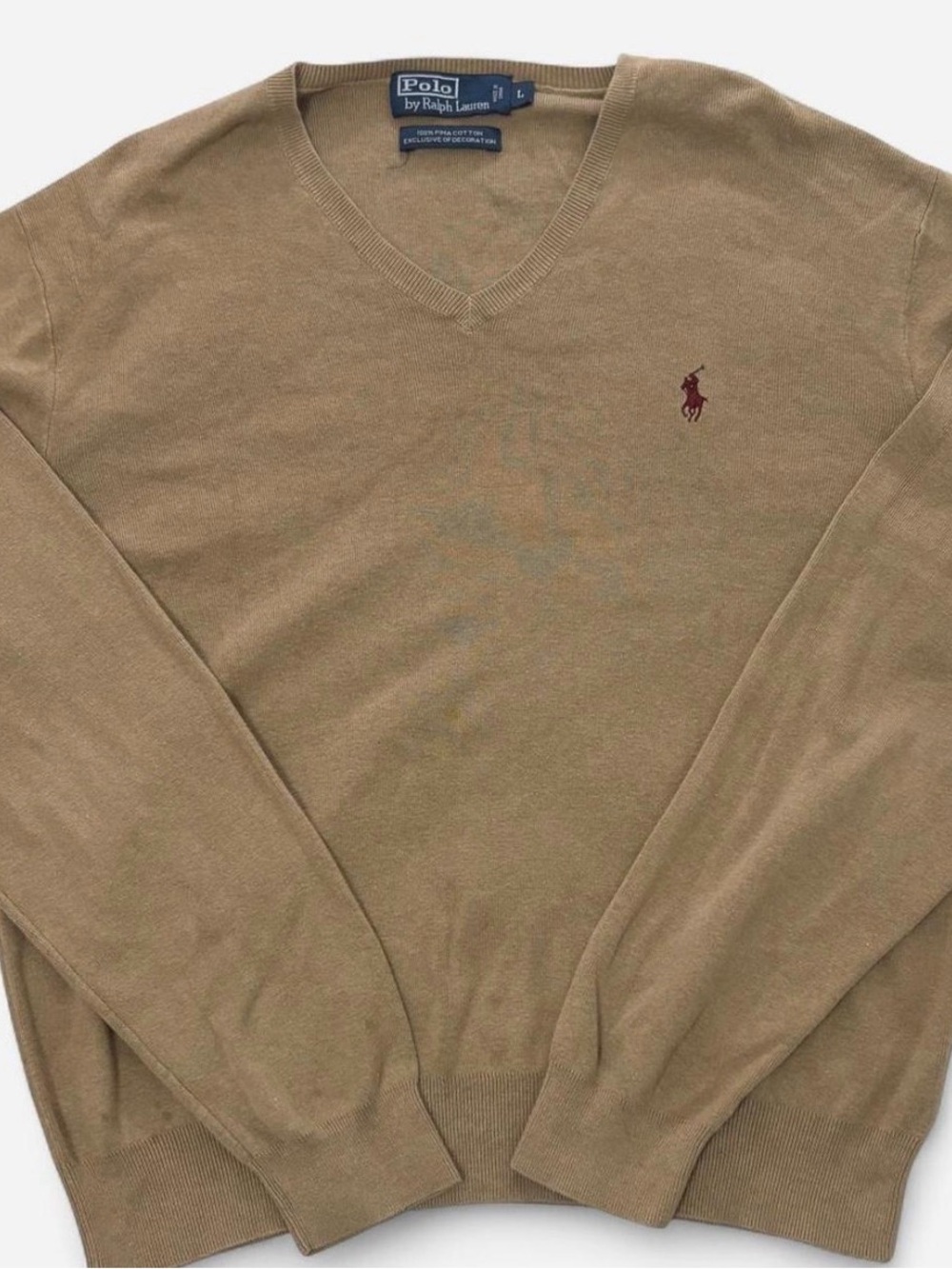 Polo by Ralph Lauren Tan V-Neck Sweater with Maroon Pony